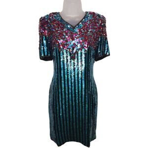 Vintage 80's La Scala Beaded Sequined Evening Dress Silk Party M Striped Glam